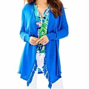 Lilly Pulitzer Lucita Cardigan Sweater Women Knit Open Lapis Blue Tassel Fringe